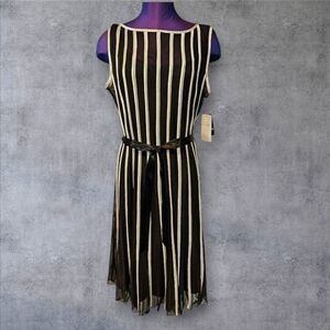 NWT Sandra Darren Dark Brown & White Striped Mesh Shift Dress Size 12 Women O54